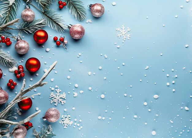 Weihnachts-Hintergrund mit Tannenzweigen, roten Kugeln und Schneeflocken auf blauem Hintergrund