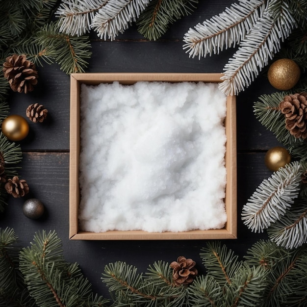 Weihnachts-Hintergrund Schnee Tannenbaumzweig Geschenkessel und Dekorationen auf schwarzem Tisch mit weißem Quadrat