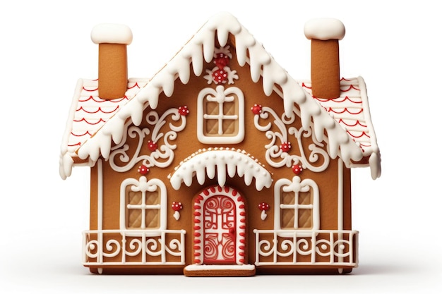 Weihnachts-Lebkuchenhaus isoliert auf weißem Hintergrund. KI-generierte Illustration