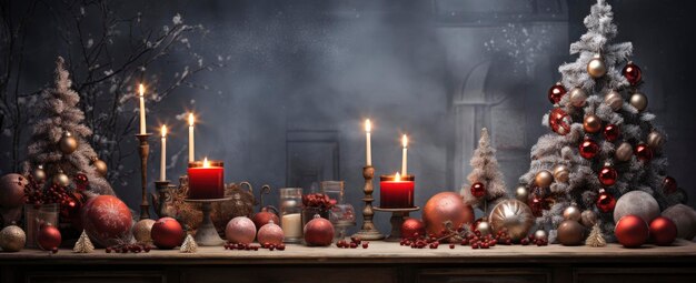 Weihnachts-Neujahrs-Interieur mit rotem Backsteinmauerhintergrund, geschmückter Tannenbaum mit Girlanden und Kugeln, dunkle Schublade