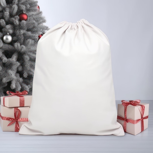 Weihnachts- oder Neujahrs-Hintergrund Weiße Tasche mit Geschenken und Weihnachtenbaum