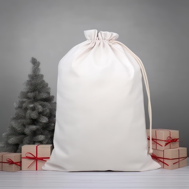 Weihnachts- oder Neujahrs-Hintergrund Weiße Tasche mit Geschenken und Weihnachtenbaum