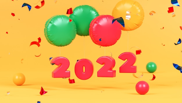 Weihnachts- oder Neujahrsfeiertagshintergrund, rote 2022-Zahlen mit Konfetti und Luftballons, 3D-Rendering