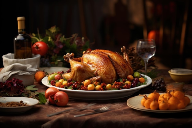 Weihnachts- oder Thanksgiving-Türkei mit Garnierung auf festlich geschmücktem Tisch Ferienabendessen