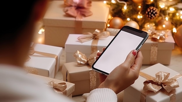 Weihnachts-Online-Shopping Frauenhände in einem weißen Pullover, die eine Bestellung auf einem Smartphone aufgeben