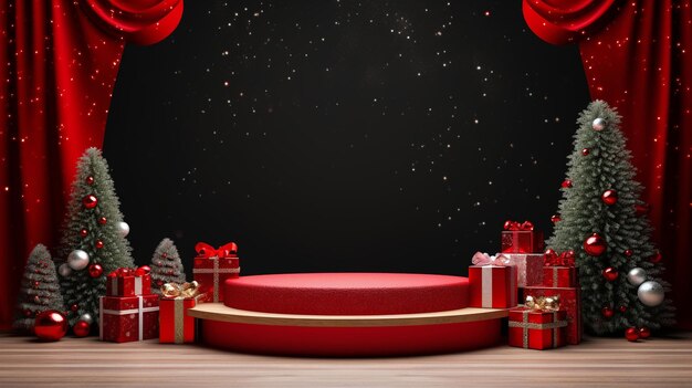 Weihnachts-rote Produkt-Podium-Anzeige mit einem wunderschön dekorierten Podium und Urlaubs-KI generiert