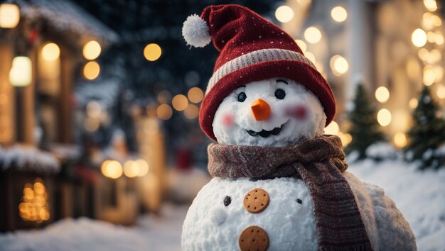 Foto weihnachts-schneeman mit silbernem eimer auf dem kopf schneeman im schnee mit weißen schneeflocken realistisch 3