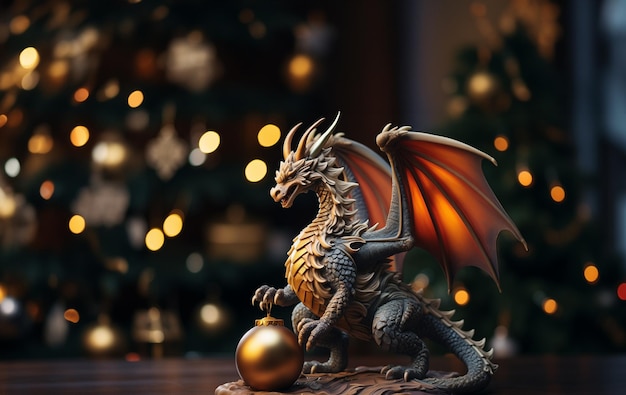 Weihnachts-Spielzeug-Drache auf dem Hintergrund eines Weihnachtenbaums mit einer Girlande