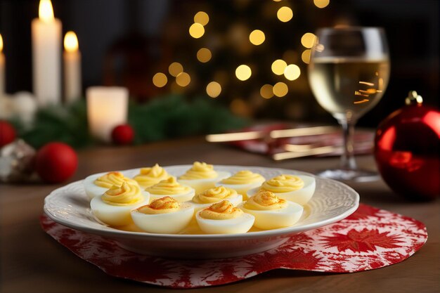 Weihnachts-Teufel-Ei zum Abendessen auf dem Holztisch mit Innenaufbau und Weihnachtendekoration