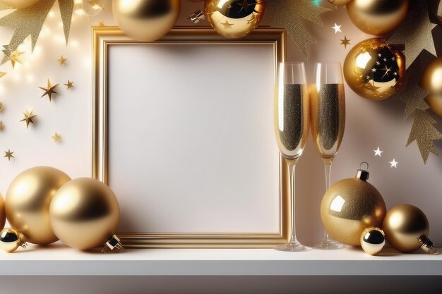 Weihnachts-Tisch-Mockup Weihnachten-Hintergrund-Weihnachtsdekorationen Goldkugeln 3D-Illustration