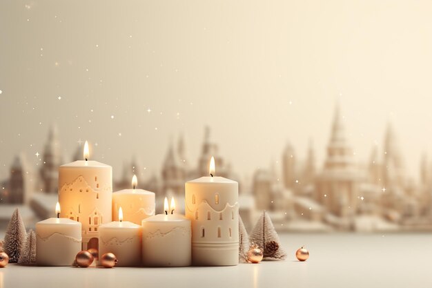 Weihnachts- und Neujahrs-Hintergrund mit Kerzen und Schneeflocken 3D-Rendering