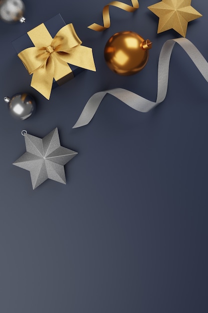 Weihnachts- und Neujahrsgeschenke mit Konfetti und Dekoration. Banner-Design 3D-Illustration