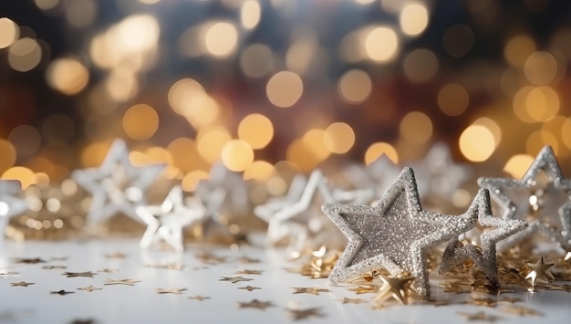 Foto weihnachts- und neujahrshintergrund mit bokeh-lichtern und silbernen sternen
