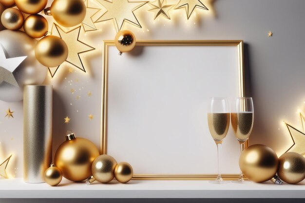 Weihnachts- und Neujahrshintergrund mit goldenen Kugeln, Champagnerglas, Golddekorationen und Konfettichri