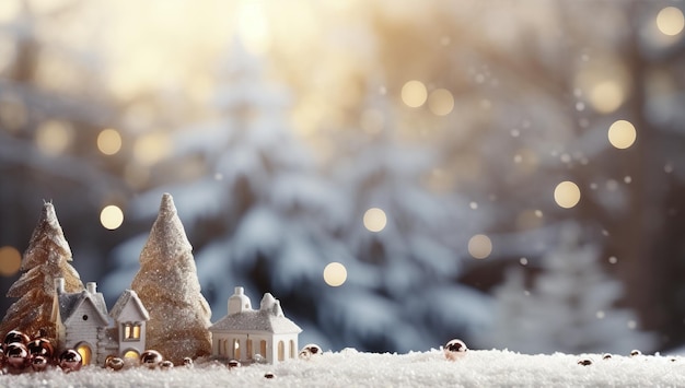 Foto weihnachts- und neujahrshintergrund mit kleinen häusern im schnee und bokeh