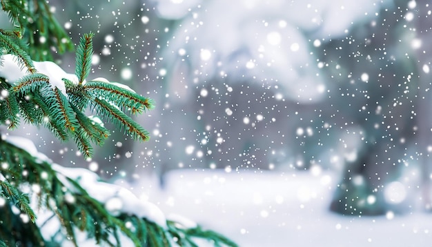 Weihnachts- und Neujahrshintergrund mit schneebedeckten Fichtenzweigen auf verschwommenem Hintergrund