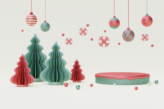 Weihnachts- und Neujahrshintergrund mit Weihnachtskieferndekoration für Weihnachtsproduktanzeige mit Kopierraum 3D-Rendering