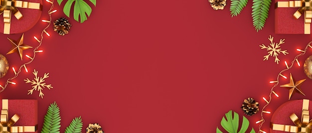 Foto weihnachts- und neujahrshintergrund verziert mit geschenkboxen und weihnachtsschmuck copy space für text und präsentation