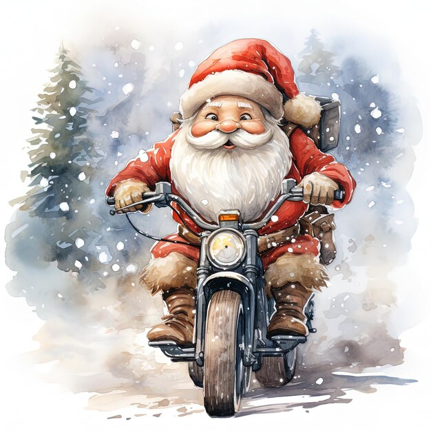 Foto weihnachts-wasserfarben-illustration des weihnachtsmanns, der auf einem fahrrad fährt