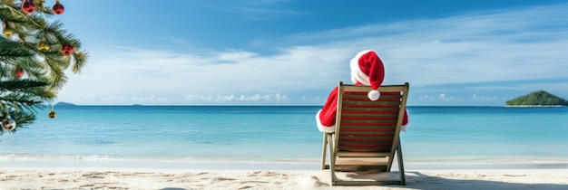Weihnachts-Weihnachtsmann entspannt am Sandstrand Sommer-Weihnachtsferien