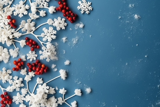 Weihnachts-Winterkomposition Schneeflocken und rote Beeren auf blauem Hintergrund, erstellt mit Generativ A