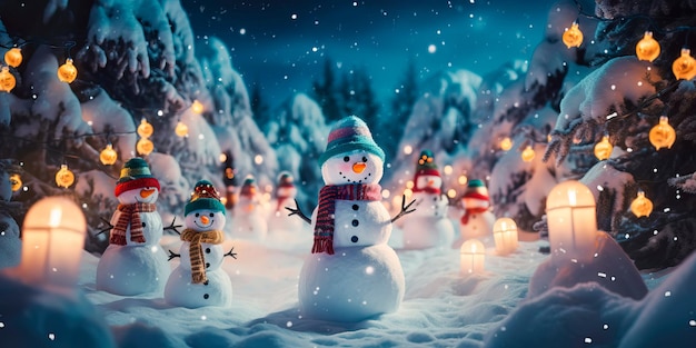 Weihnachtsabend mit Lichtern und Schneemännern Frohes neues Jahr