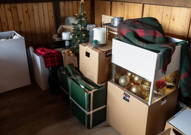 Foto weihnachtsartikel in dachboxen aufbewahrt, vorbereitet für eine neue weihnachtszeit