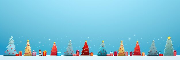 Weihnachtsbäume mit Geschenkkisten mit Schleifen auf blauem Hintergrund gezeichnetes Panorama im Cartoon-Stil Geschenke zu Weihnachten oder Neujahr