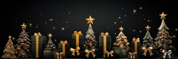 Weihnachtsbäume mit Geschenkkisten mit Schleifen auf schwarzem Hintergrund gezeichnetes Panorama im Cartoon-Stil Geschenke zu Weihnachten oder Neujahr