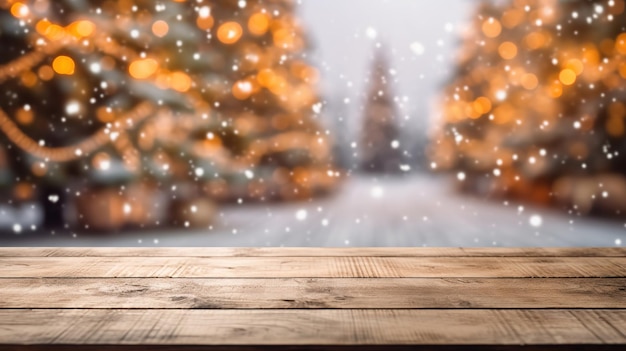 Weihnachtsbäume und Beleuchtung mit Holztisch-Hintergrundtapete