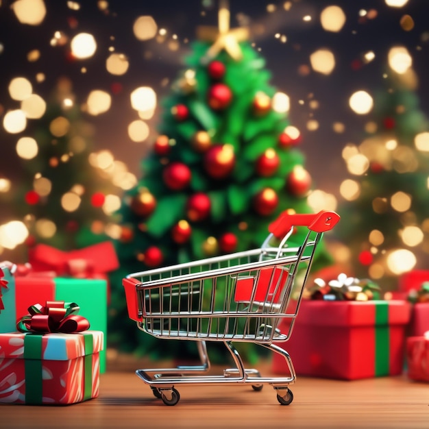 Weihnachtsbäume und Geschenke mit einem Einkaufswagen und die Atmosphäre ist ein fröhlicher Hintergrund