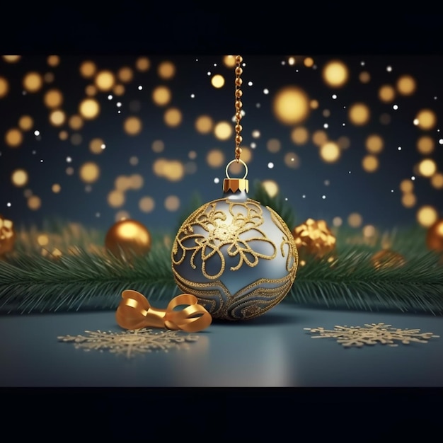 Weihnachtsball mit goldenen Ornamenten auf blauem Hintergrund