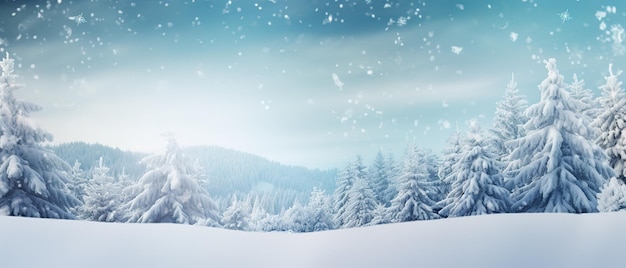 Weihnachtsbanner-Hintergrund Winterpanorama mit schneebedeckten Tannenzweigen und Schneeflocken