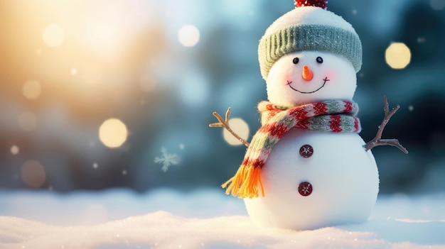Weihnachtsbanner mit lustig lächelndem Schneemann mit Wollmütze und Schal