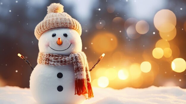 Weihnachtsbanner mit lustig lächelndem Schneemann mit Wollmütze und Schal
