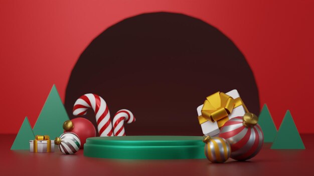 Weihnachtsbanner mit Produktanzeige Rotes Podium 3D-Rendering