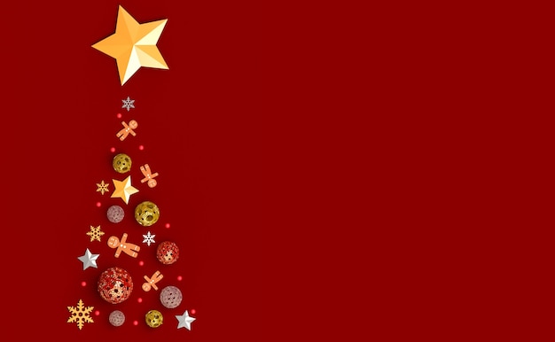 Weihnachtsbanner. Weihnachtshintergrund mit abstraktem Weihnachtsbaum mit einigen Objekten. 3D-Darstellung.