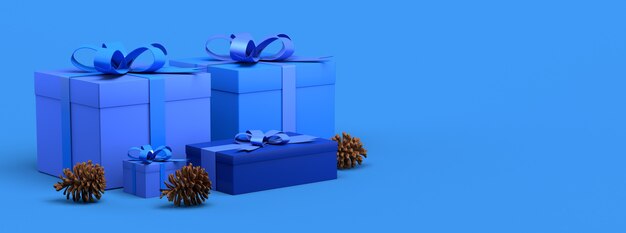 Weihnachtsbanner Weihnachtshintergrund mit blauen Geschenken und Tannenzapfen 3D-Darstellung