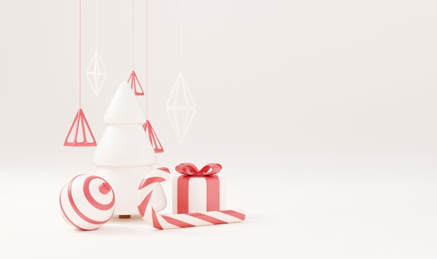 Weihnachtsbaum 3d mit roter Geschenkbox und weißem Hintergrund der Kugel, Weihnachtsplakat, Netzfahne. 3D-Render-Illustration minimalistisches Weihnachts- und Neujahrskonzept