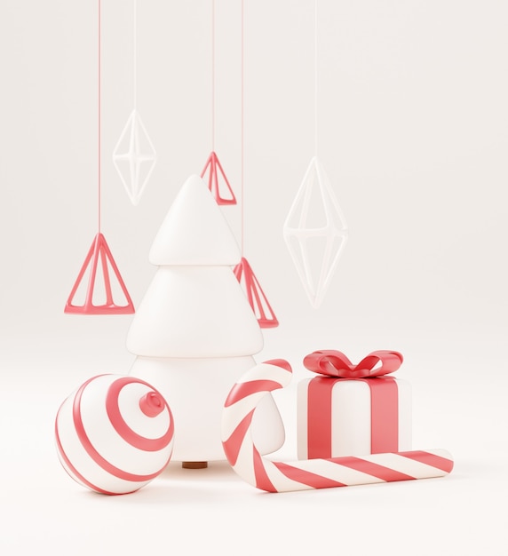 Weihnachtsbaum 3d mit roter geschenkbox und weißem hintergrund der kugel, weihnachtsplakat, netzfahne. 3d-render-illustration minimalistisches weihnachts- und neujahrskonzept