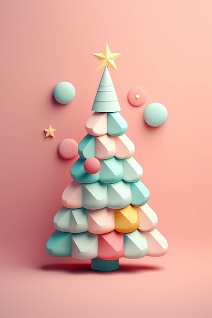 Weihnachtsbaum 3D-Verlauf in Pastellfarben, vertikaler Hintergrund. Niedliche Bonbonfarben. Weihnachtsdekoration mit sprudelnden geometrischen Formen für Event-Flyer, Grußpostkarten. Generative KI-Inhalte