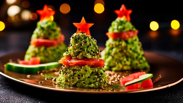 Weihnachtsbaum-Appetizer aus Gurke und rotem Fisch Generative AI Food