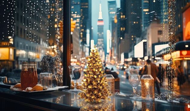 Weihnachtsbaum auf festlicher Stadtstraße im städtischen Leben von New York. Menschen gehen an der Ampel vorbei