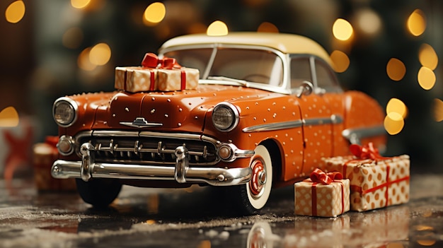 Weihnachtsbaum auf Spielzeugauto Weihnachtsfeiertagskonzept