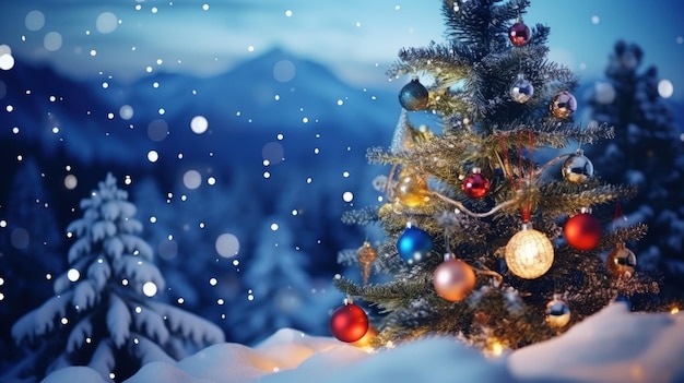 Weihnachtsbaum auf verschwommenen, glänzenden Lichtern am Schneegipfel des verschwommenen Berghintergrunds Heiligabend-Konzept