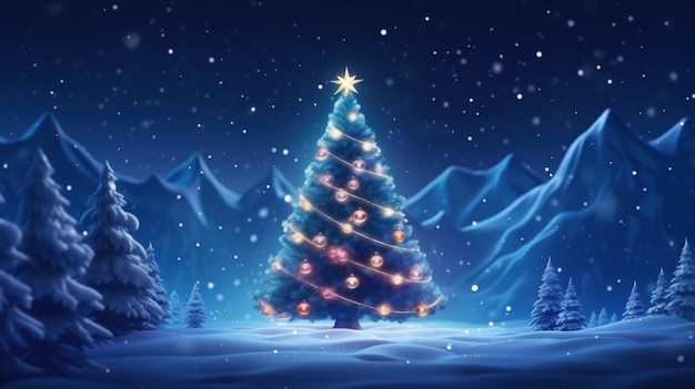 Weihnachtsbaum auf verschwommenen, glänzenden Lichtern am Schneegipfel des verschwommenen Berghintergrunds Heiligabend-Konzept