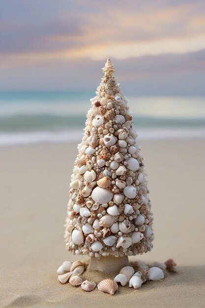 Weihnachtsbaum aus Muscheln auf dem Sand am Strand