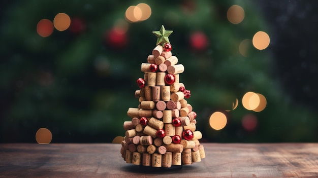 Weihnachtsbaum aus Weinkorken mit Weihnachtsbaum im Hintergrund