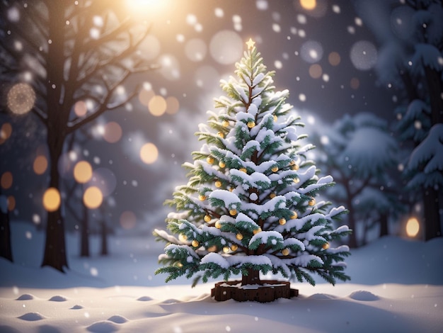 Weihnachtsbaum bedeckt mit Schnee mit leicht verschwommenem Hintergrund