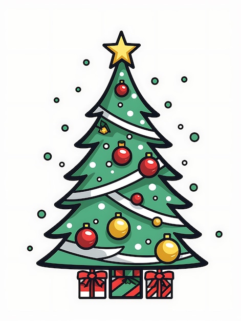 Weihnachtsbaum-ClipArt-Stil Dekoration und Geschenkboxen Frohe Weihnachten und ein glückliches neues Jahr